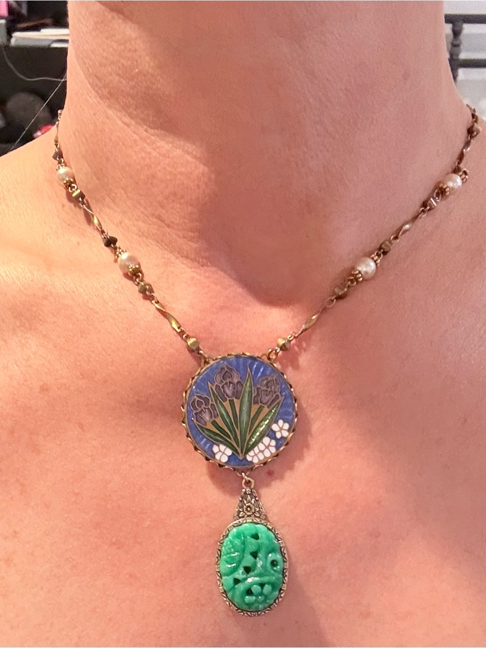 Gold-Tone Necklace with Blue Enamel Floral Medallion and Green Carved Drop